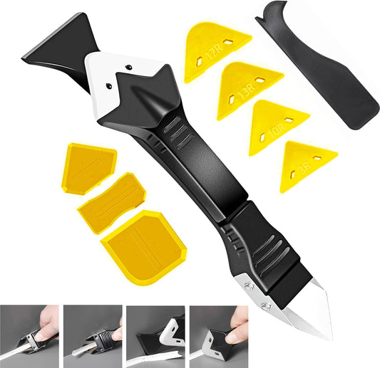 Silicone Caulking Tools,Caulking Tool 3 in 1,Glass Glue Angle Scraper, Stainless Steelhead Caulk Remover and Sealant Scraper, for Bathroom,Kitchen,Floor,Window,Sink Joint,Frames Seal (Yellow)